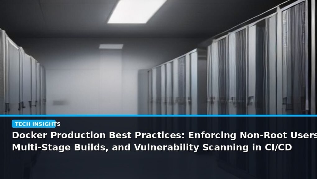 Docker Production Best Practices: Enforcing Non-Root Users, Multi-Stage Builds, and Vulnerability Scanning in CI/CD - editorial cover photograph